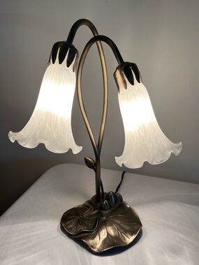 Tiffany-style 2-light pond lily table lamp 
 glass shades, bronze finish base